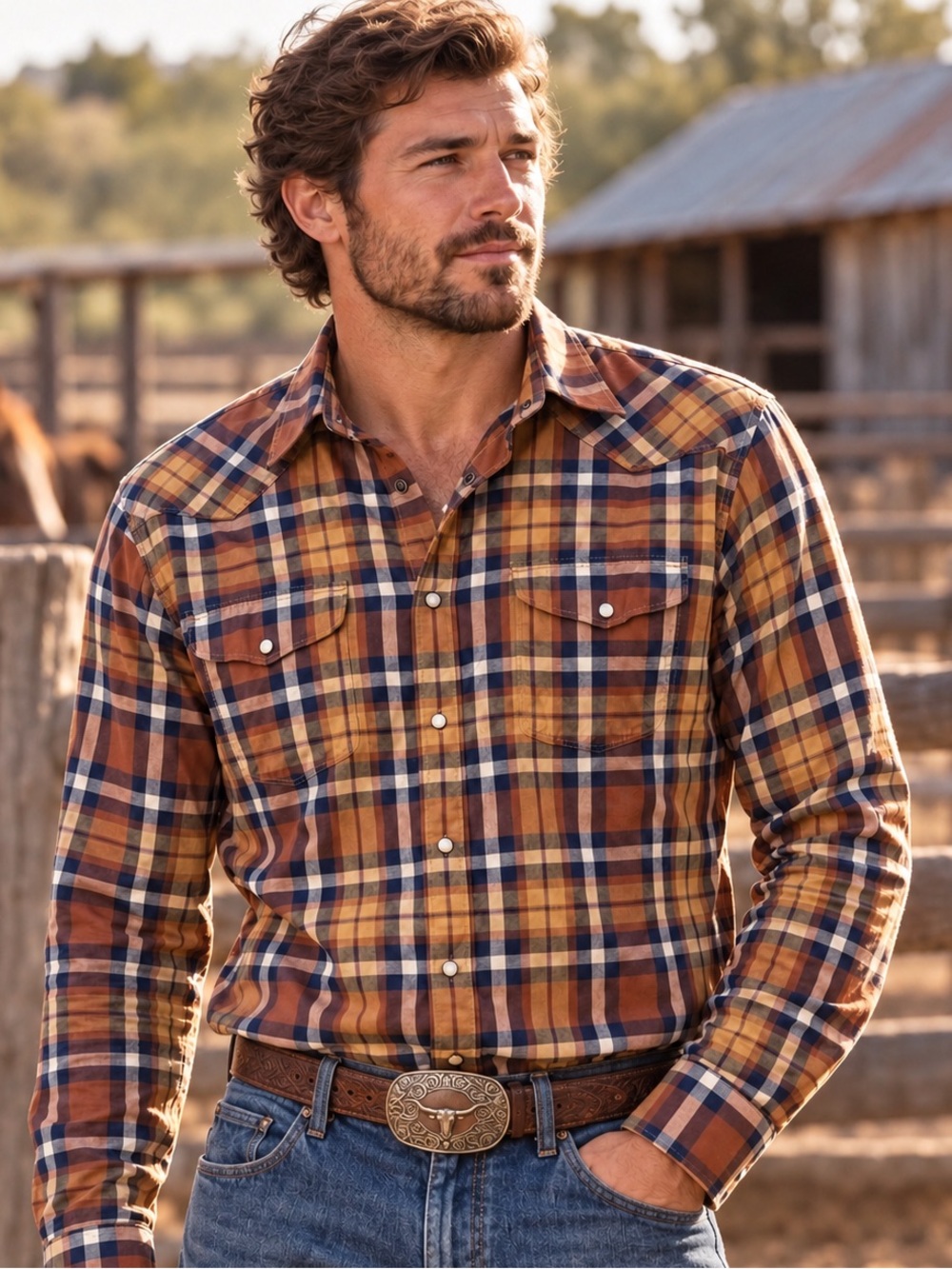 Lucky Brand Western Americana Rodeo Brown Plaid Retro Style Pearl Snap Shirt L